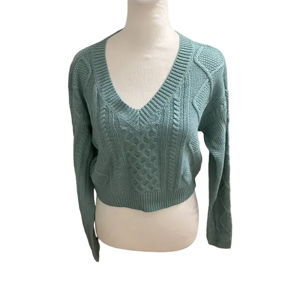 NWT Aeropostale XS Teal Cable Knit V-Neck Sweater - Picture 1 of 4